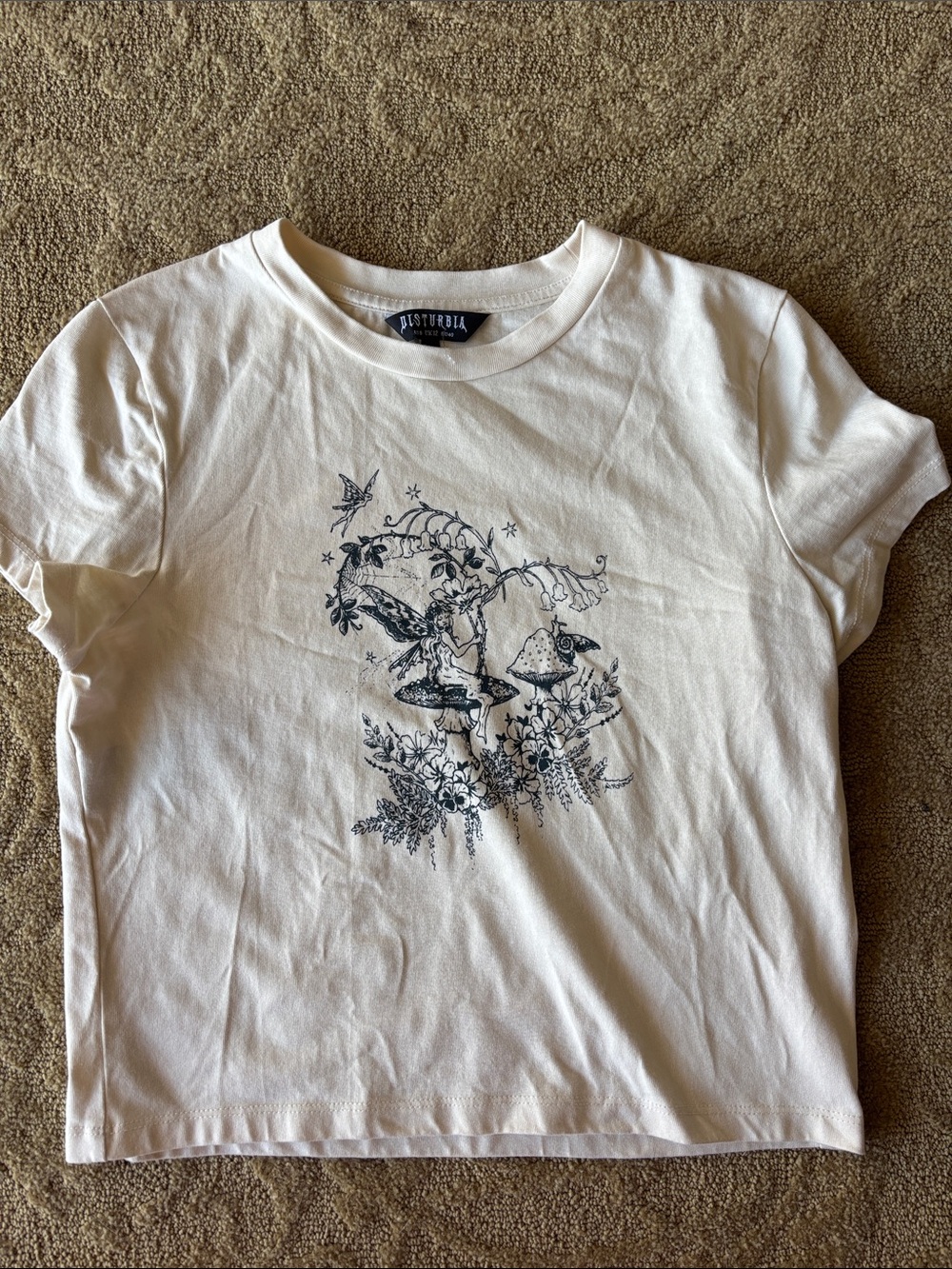 Disturbia Cream Tee with Black Fairy & Mushroom Illustration